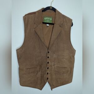 Vintage Orvis Vest Mens XL Brown Suede Leather Waistcoat Western Sportsman Flaw
